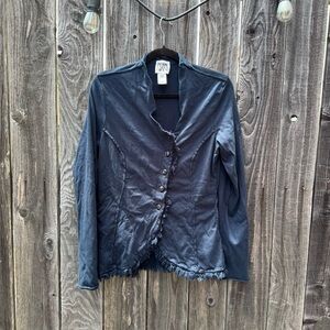 Prairie Underground Navy Blue Button-Down Long Cardigan With Fringe Trim Medium